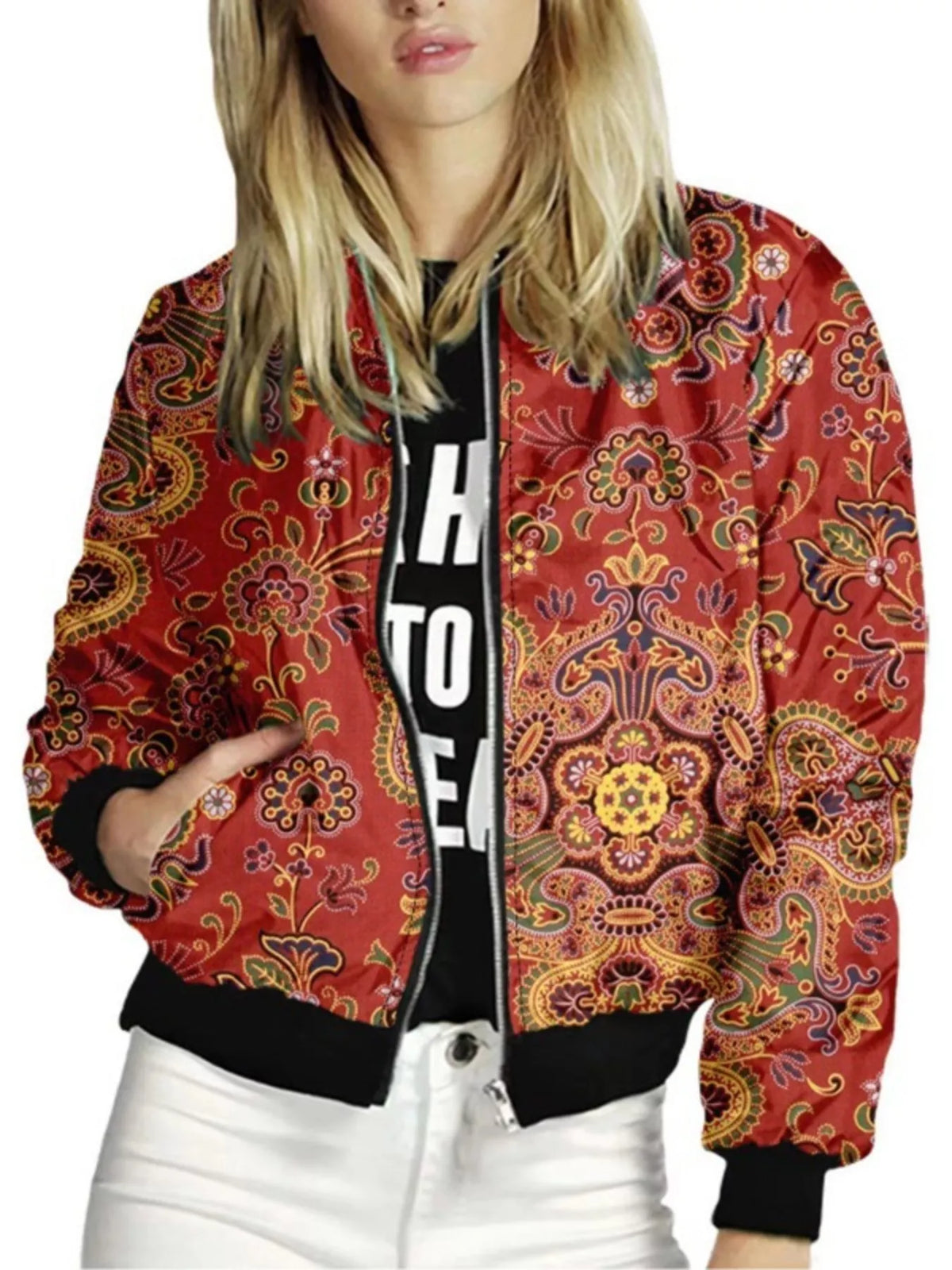 Zip Up Printed Jacket in Red
