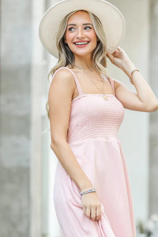 And The Why Smocking Open-Back Sleeveless Midi Dress in Pale Pink, view 5