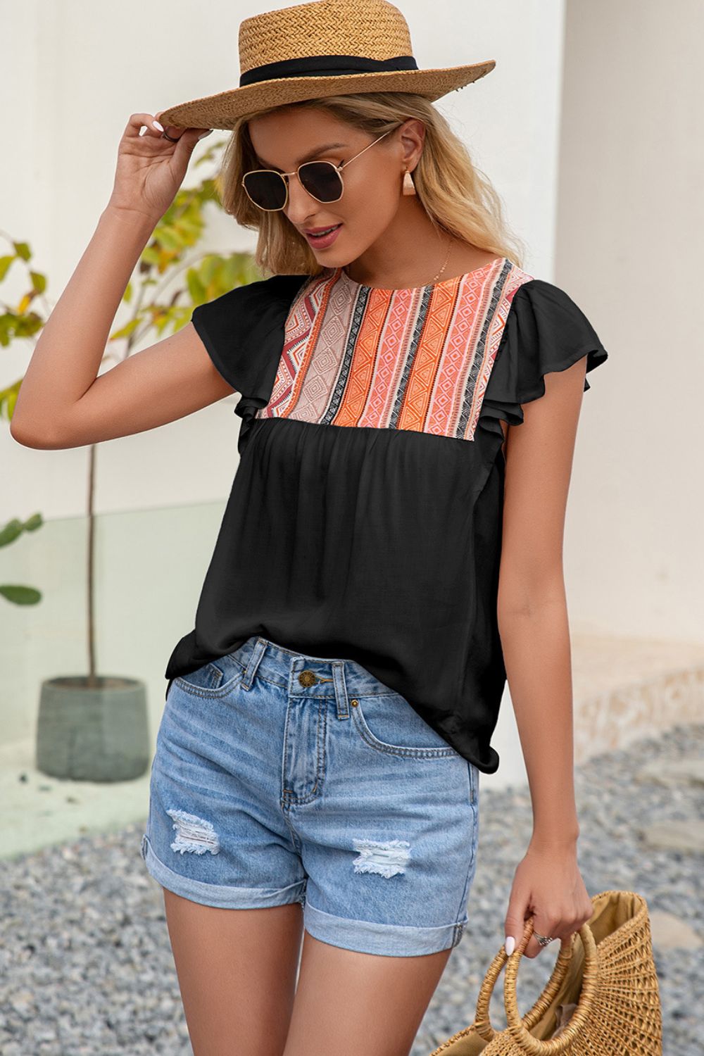 Ivy Lane Contrast Print Butterfly Sleeve Top - Lilixa.store