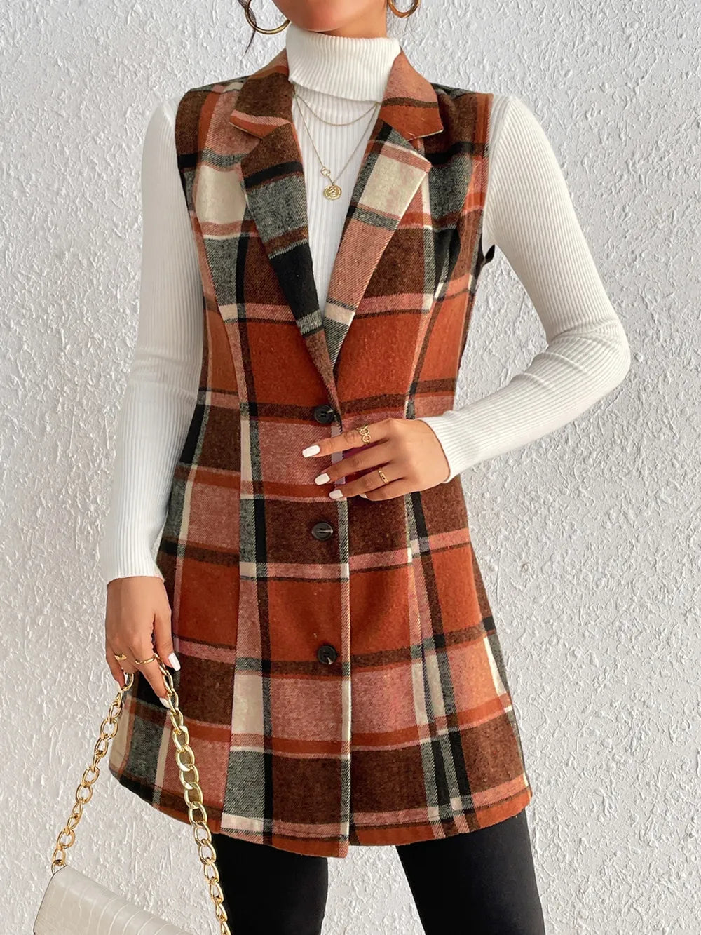 Honey Plaid Button Up Vest Coat, view 7