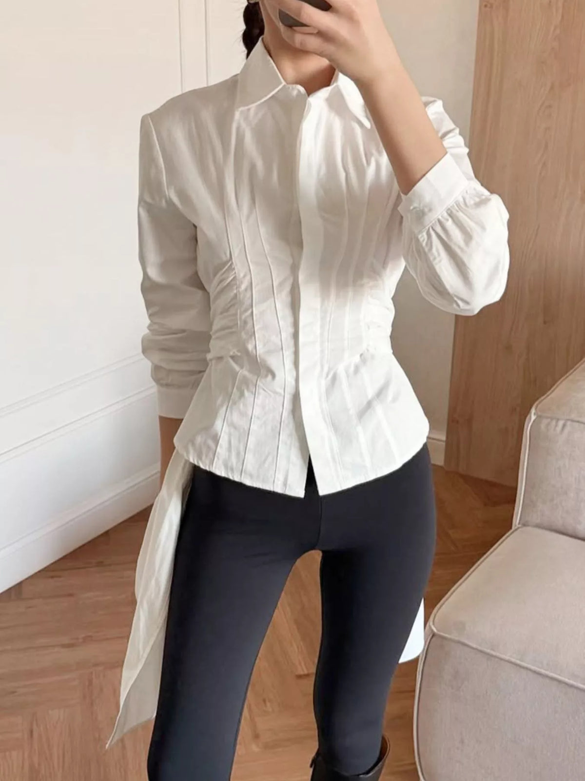 Slim-Fit Ruched Waist Shirt - Lilixa.store