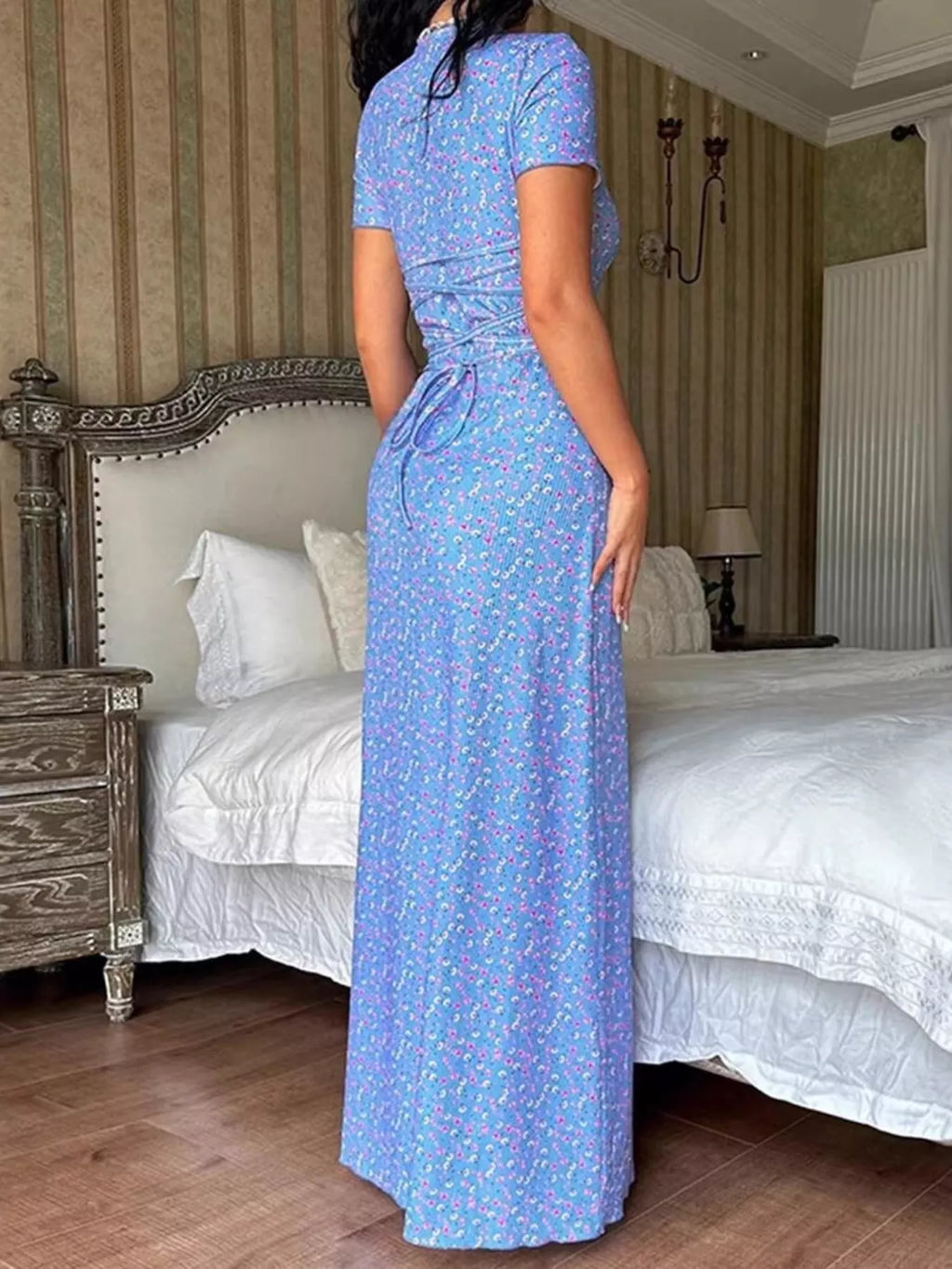 Floral Print Short Sleeve Maxi Dress - Lilixa.store