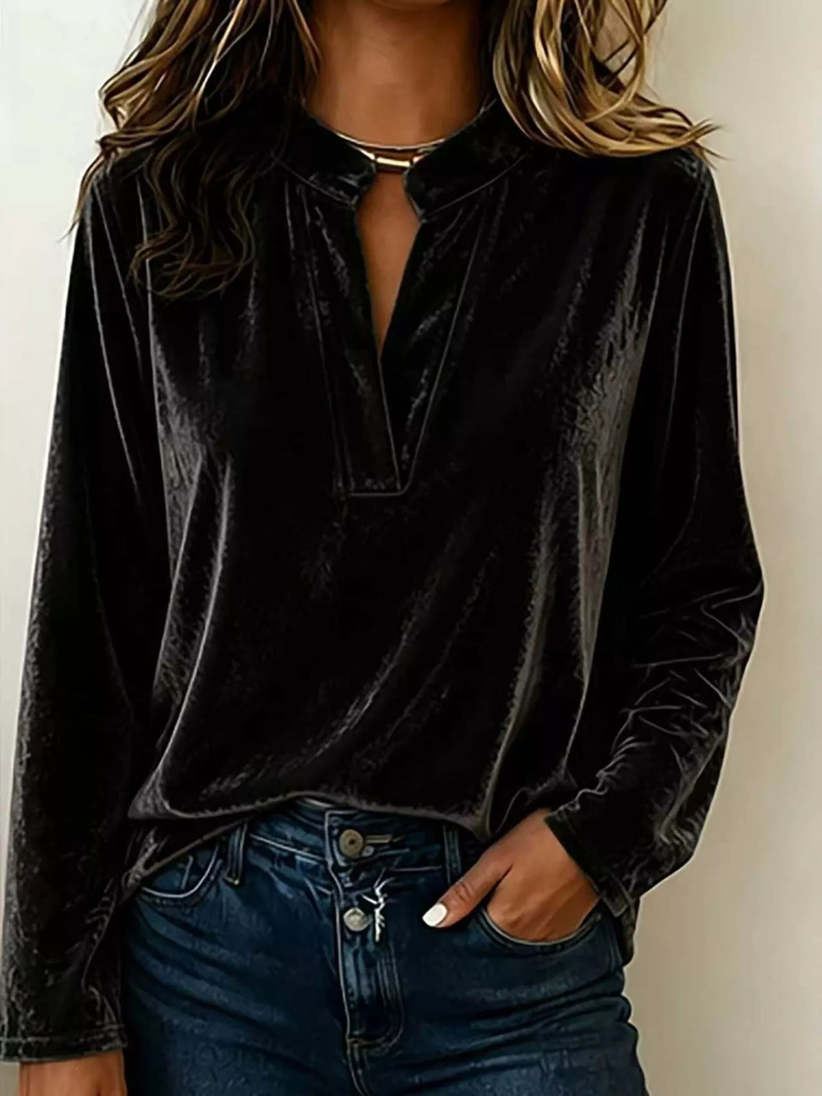 Full Size Velvet Notched Long Sleeve Blouse Plus Size in Black