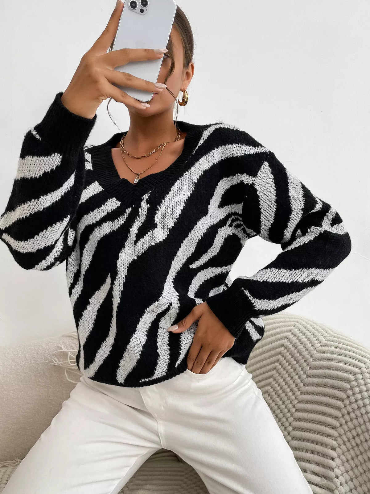 Zebra Print Relaxed Fit Pullover Sweater - Lilixa.store