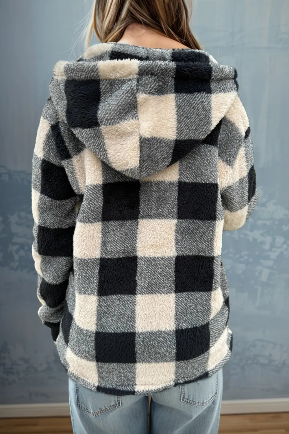 Double Take Full Size Check Fuzzy Sherpa Hooded Zip Up Teddy Winter Coat with Pockets Plus Size - Lilixa.store