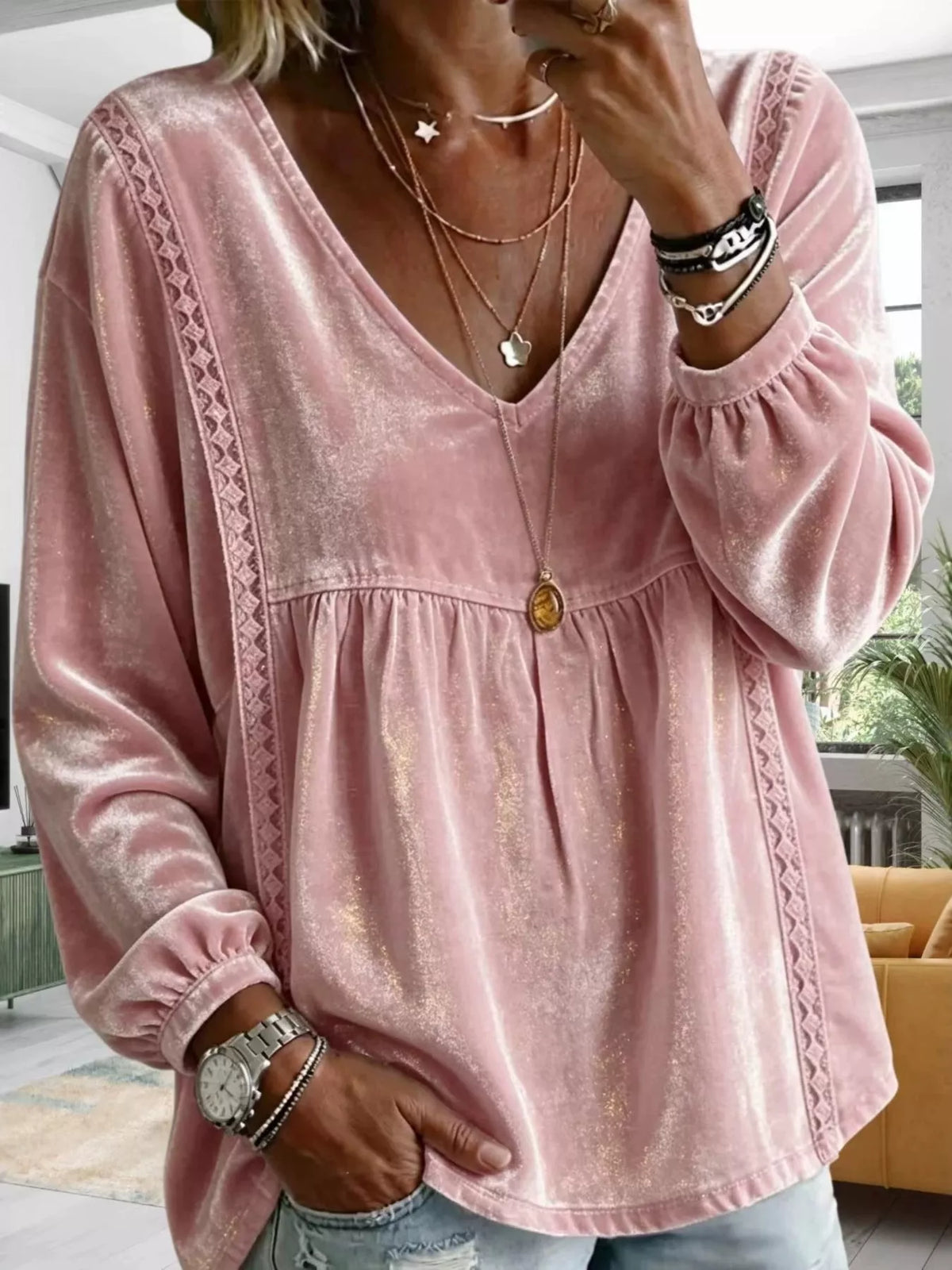 Full Size Velvet Lace Detail V-Neck Blouse Plus Size - Lilixa.store