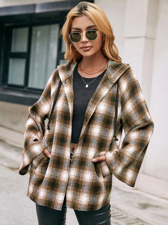 Ivy Lane Pocketed Plaid Long Sleeve Hooded Jacket in Camel
