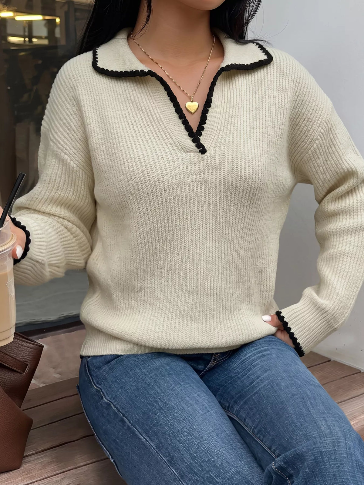 Contrast Trim Dropped Shoulder Sweater in Khaki, view 2