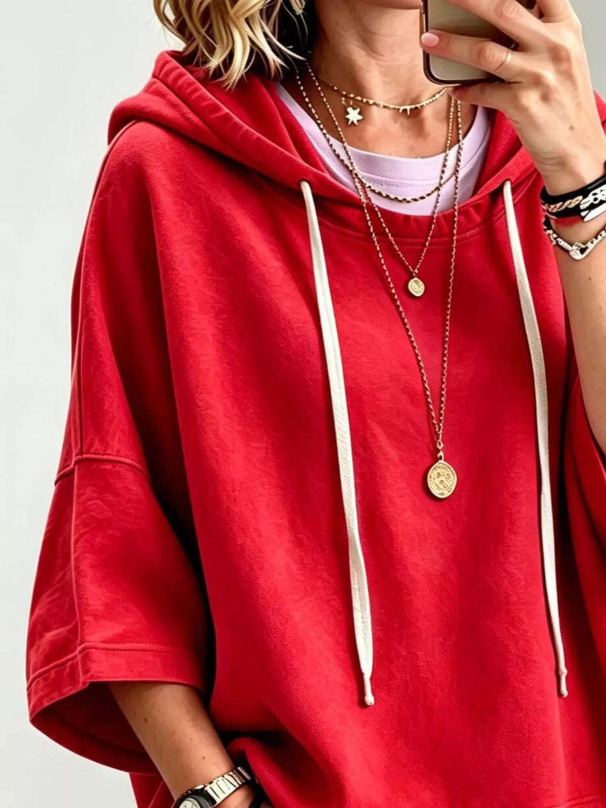 Drawstring 3/4 Sleeve Hoodie - Lilixa.store