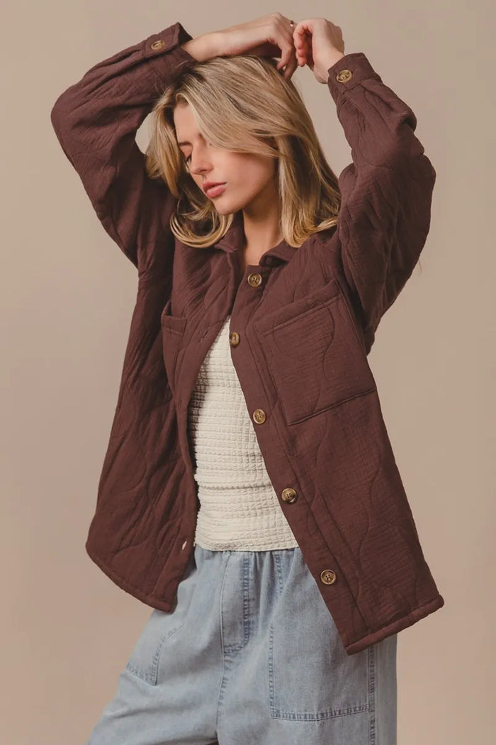 BiBi Quilted Wrinkle Gauze Long Sleeve Shacket in Mocha
