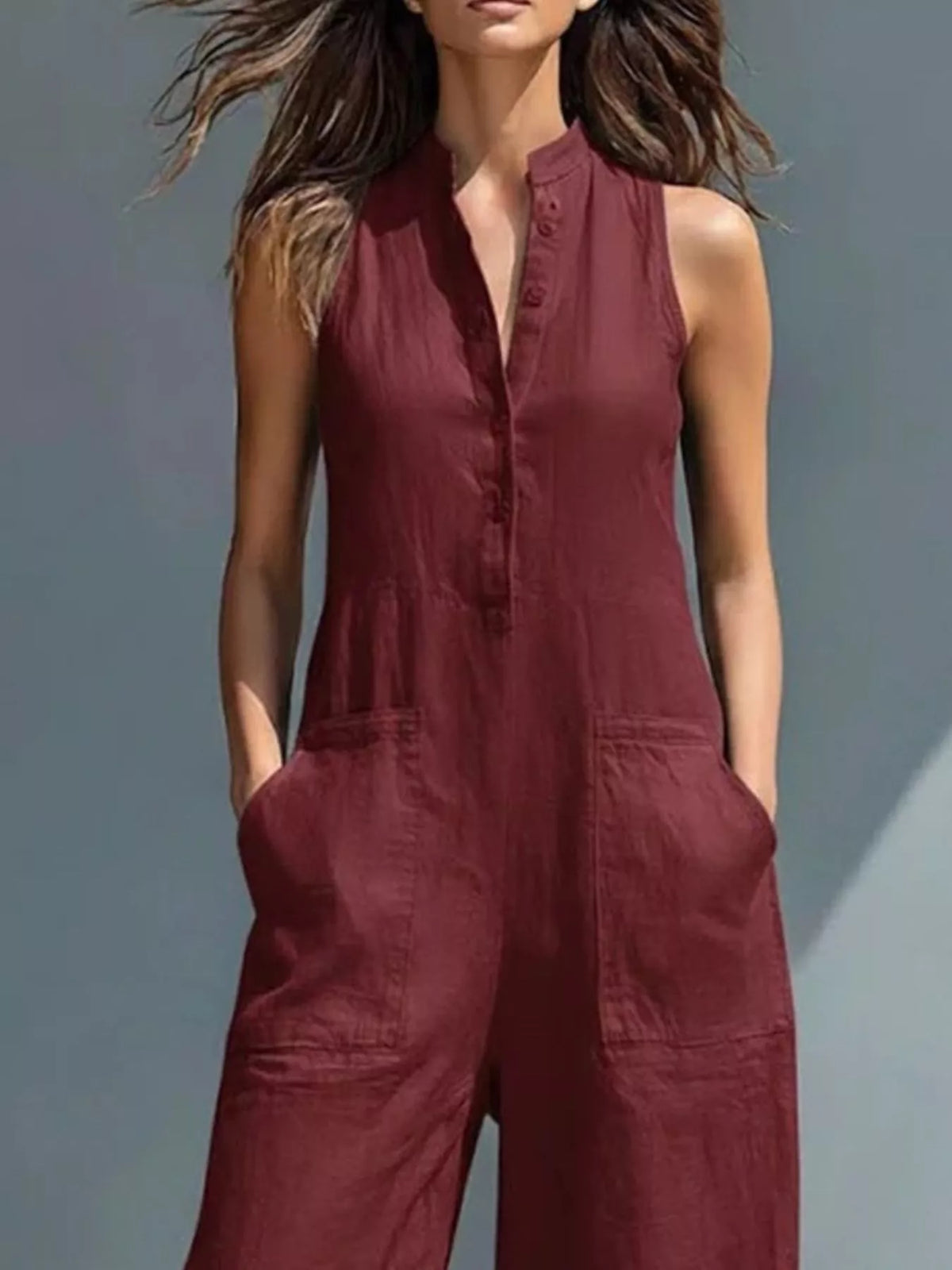 Full Size Button Front Sleeveless Jumpsuit Plus Size - Lilixa.store