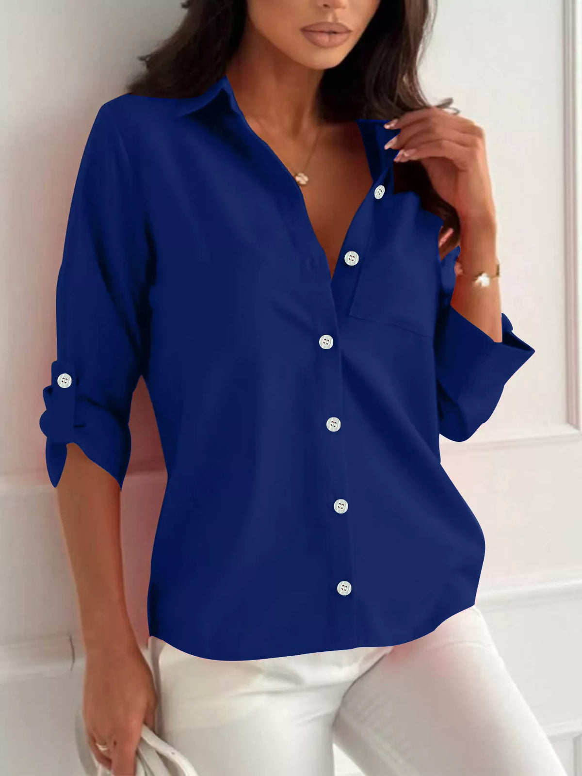 Button-Down Roll-Up Sleeve Shirt in Blue
