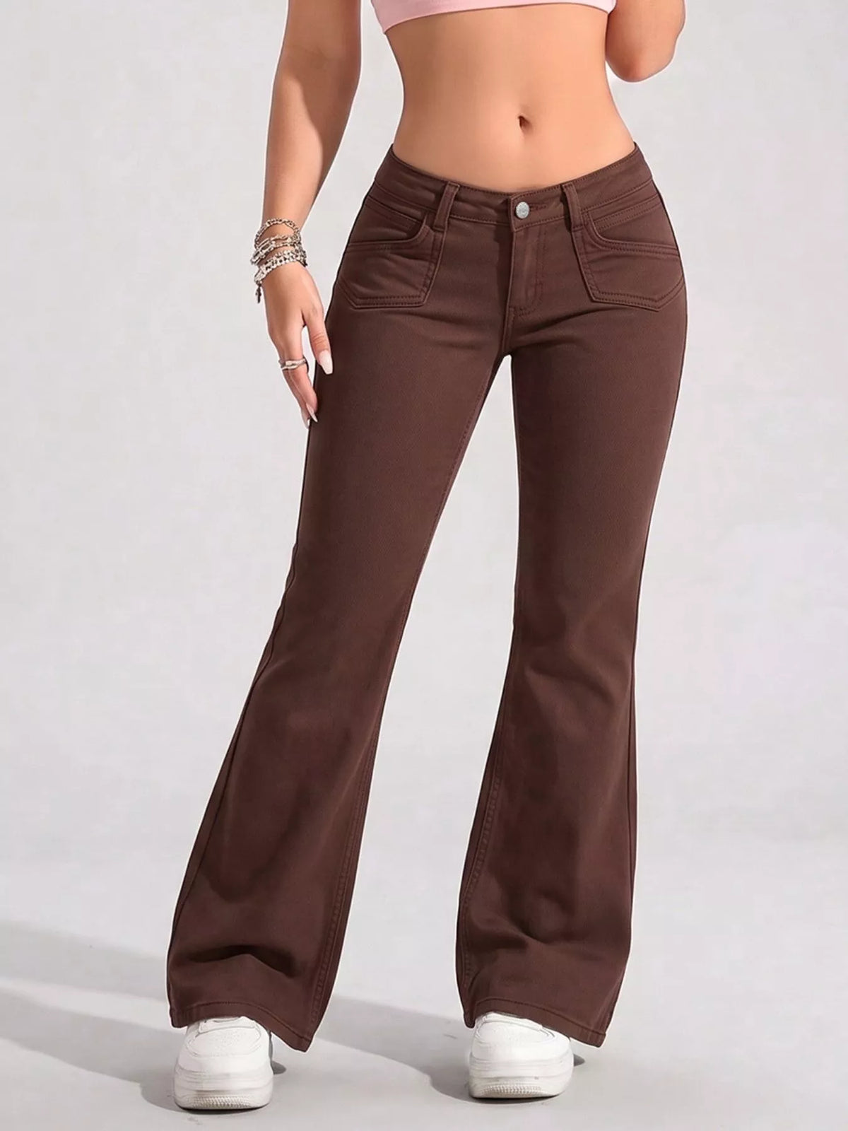 High-Waisted Flare Leg Jeans with Front Pockets in Brown, view 3