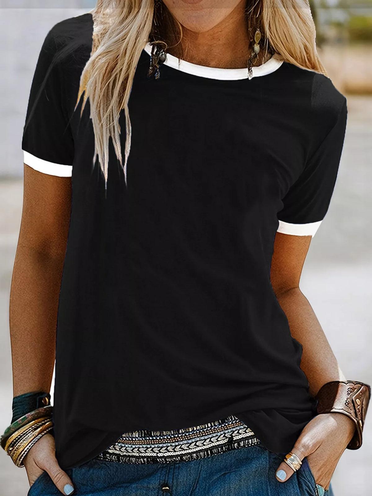 Casual Contrast Trim Short Sleeve T-Shirt - Lilixa.store