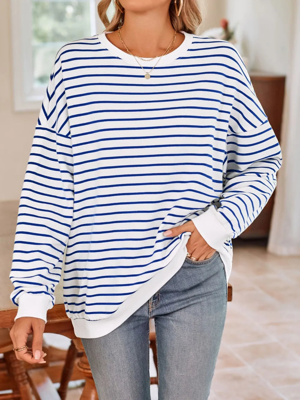 Lovelet Striped Round Neck Long Sleeve Sweatshirt - Lilixa.store