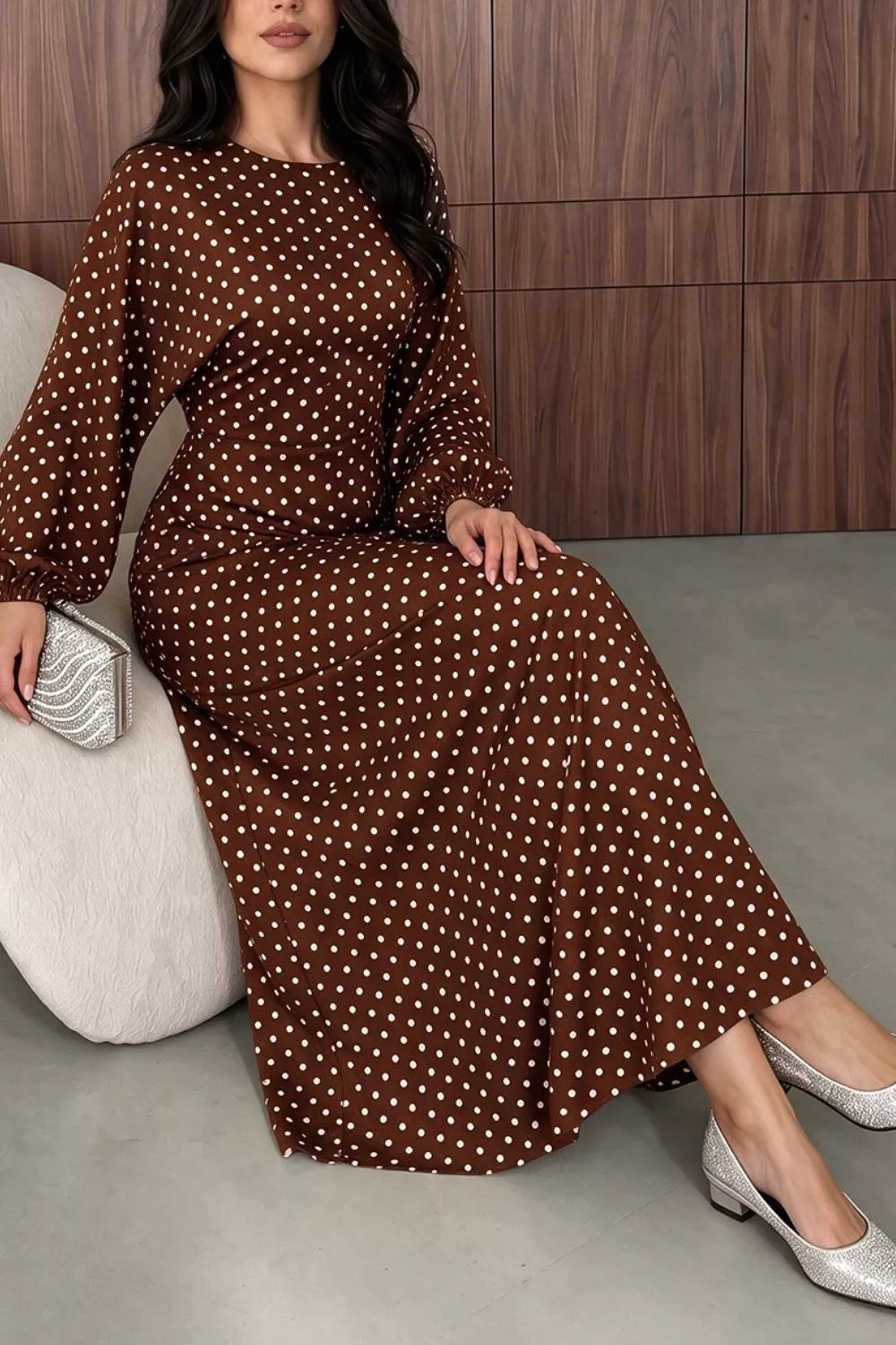 Polka Dot Long Sleeve Maxi Dress - Lilixa.store