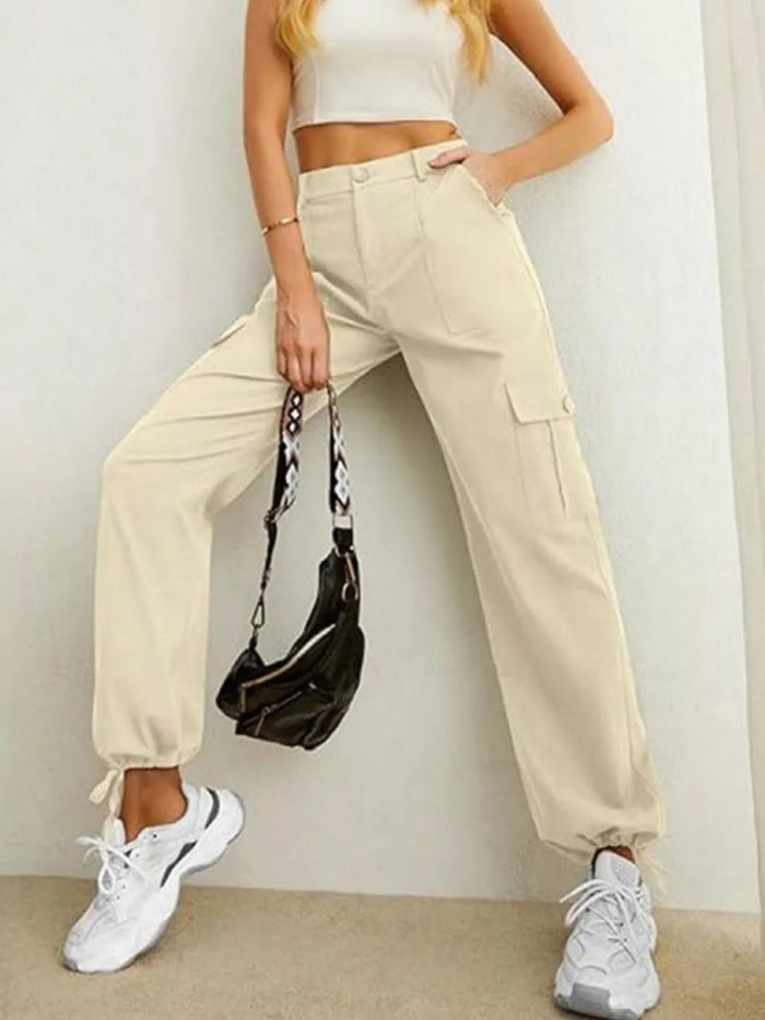 High-Waisted Cargo Pants with Drawstring Cuffs in Apricot
