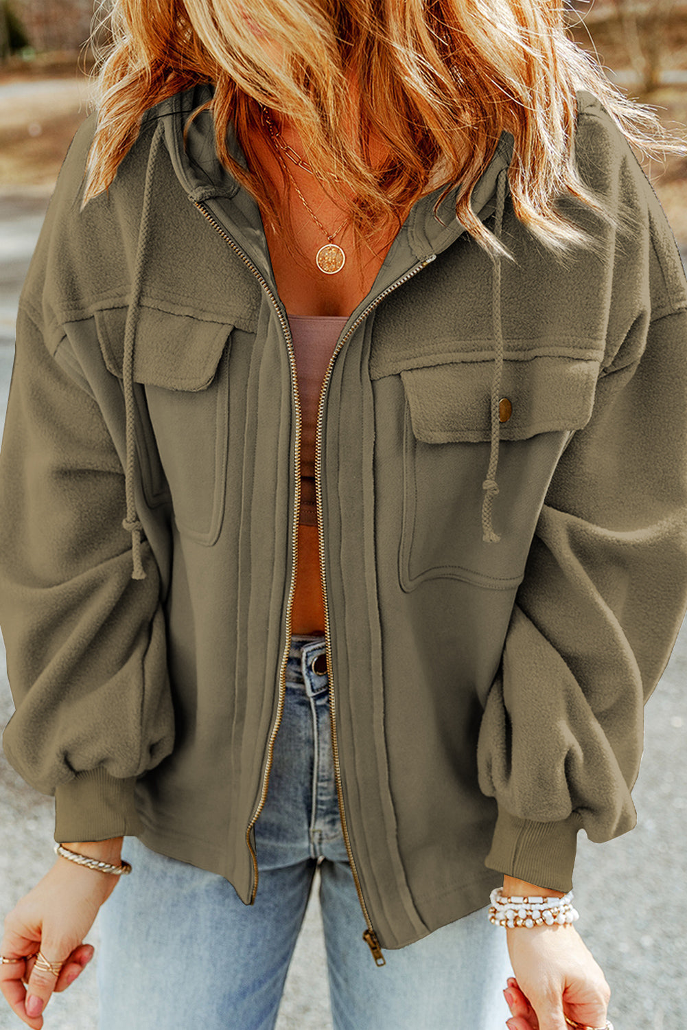 Zip-Up Drawstring Hooded Jacket, view 7