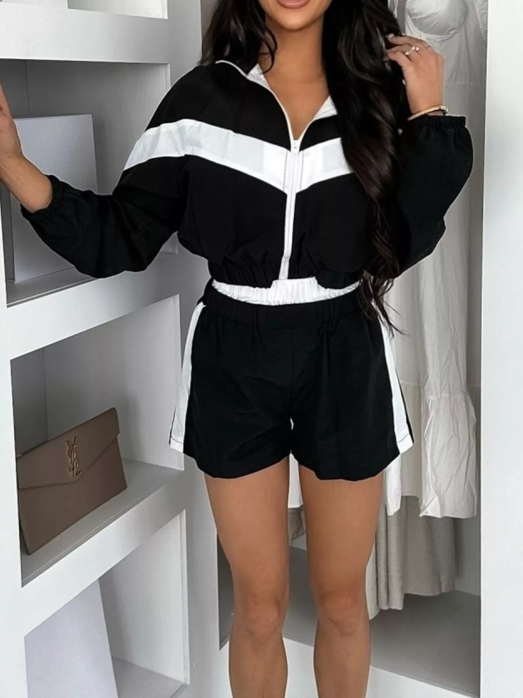 Color Block Zip-Up Jacket and Shorts Two-Piece Set - Lilixa.store