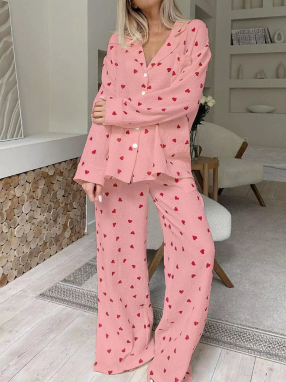 Heart Print Button Up Top and Pants Lounge Set - Lilixa.store