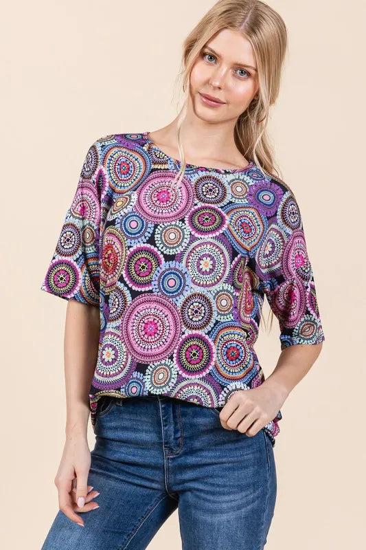 BOMBOM Printed Round Neck Half Sleeve Top - Lilixa.store