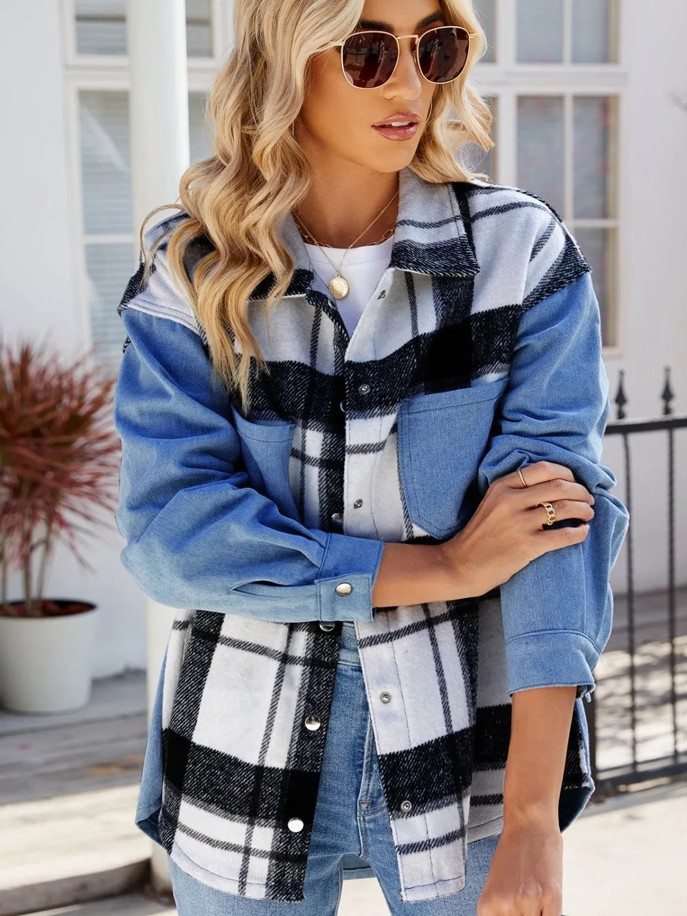 Pocketed Plaid Snap Down Denim Jacket in Dusty Blue, view 5