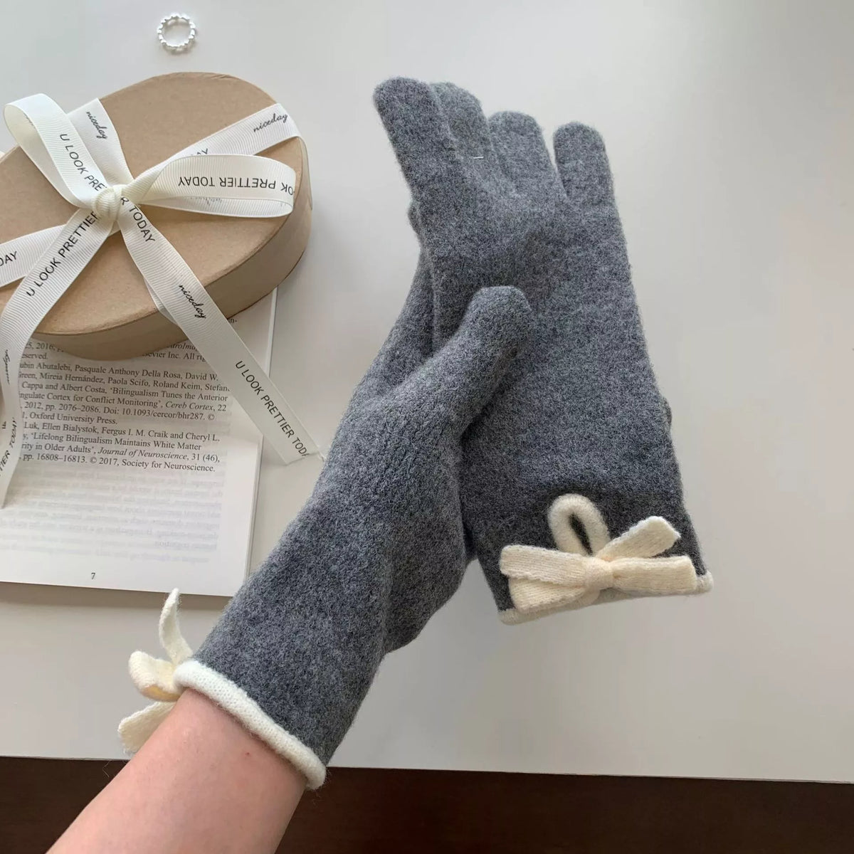 Bow-Decorated Knit Gloves - Lilixa.store