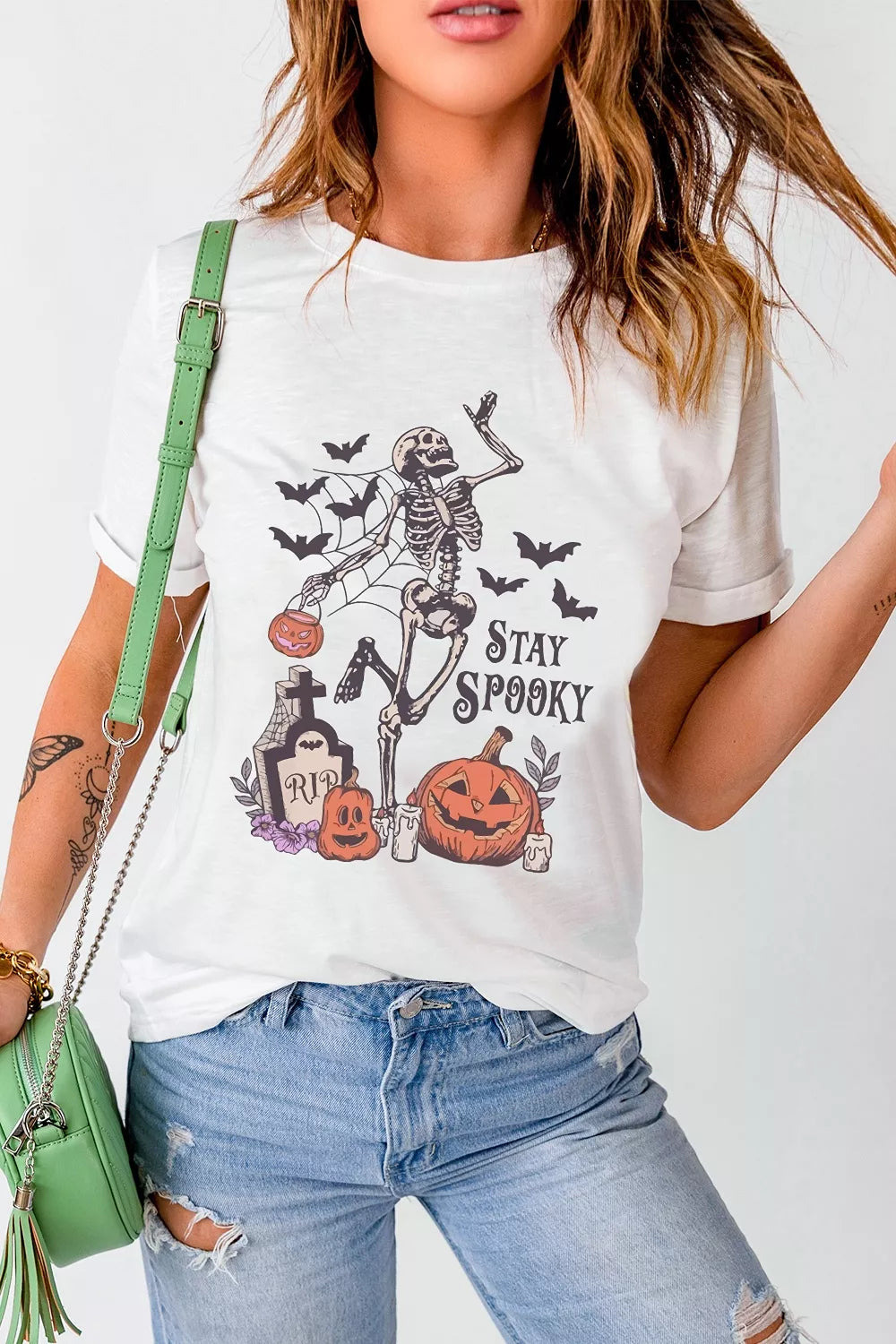 Full Size Skull Pumpkin Face STAY SPOOKY Graphic Halloween T Shirt Plus Size - Lilixa.store