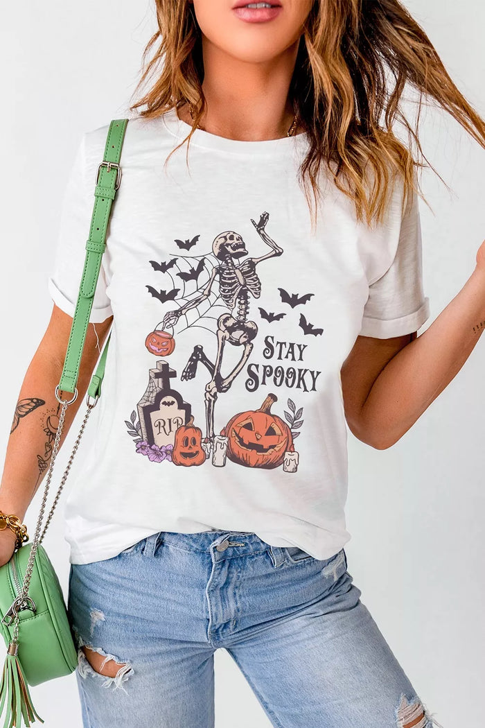 Full Size Skull Pumpkin Face STAY SPOOKY Graphic Halloween T Shirt Plus Size - Lilixa.store