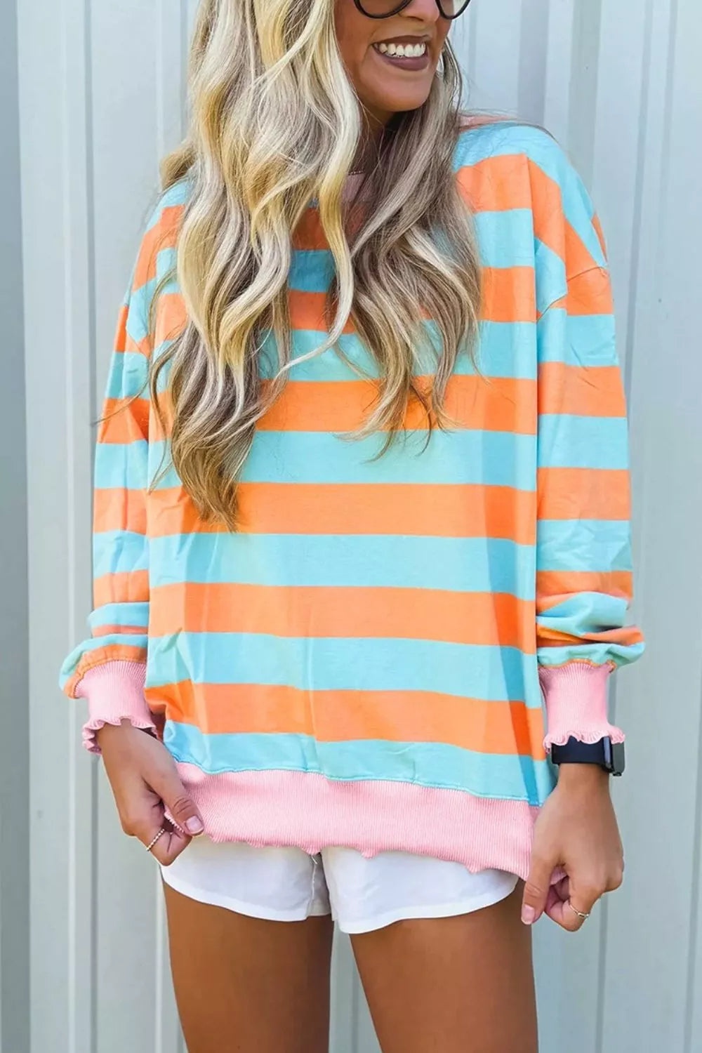 Striped Long Sleeve Top with Lettuce-Edge Cuffs in Tangerine, view 2