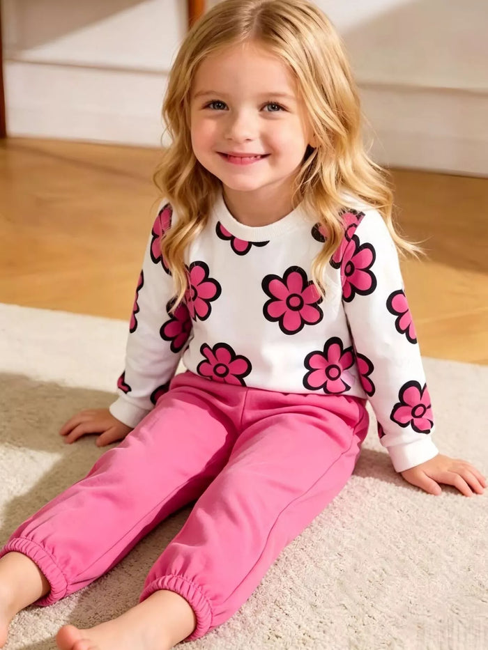 Children's Floral Long Sleeve Sweatshirt and Joggers Set in Rose Red