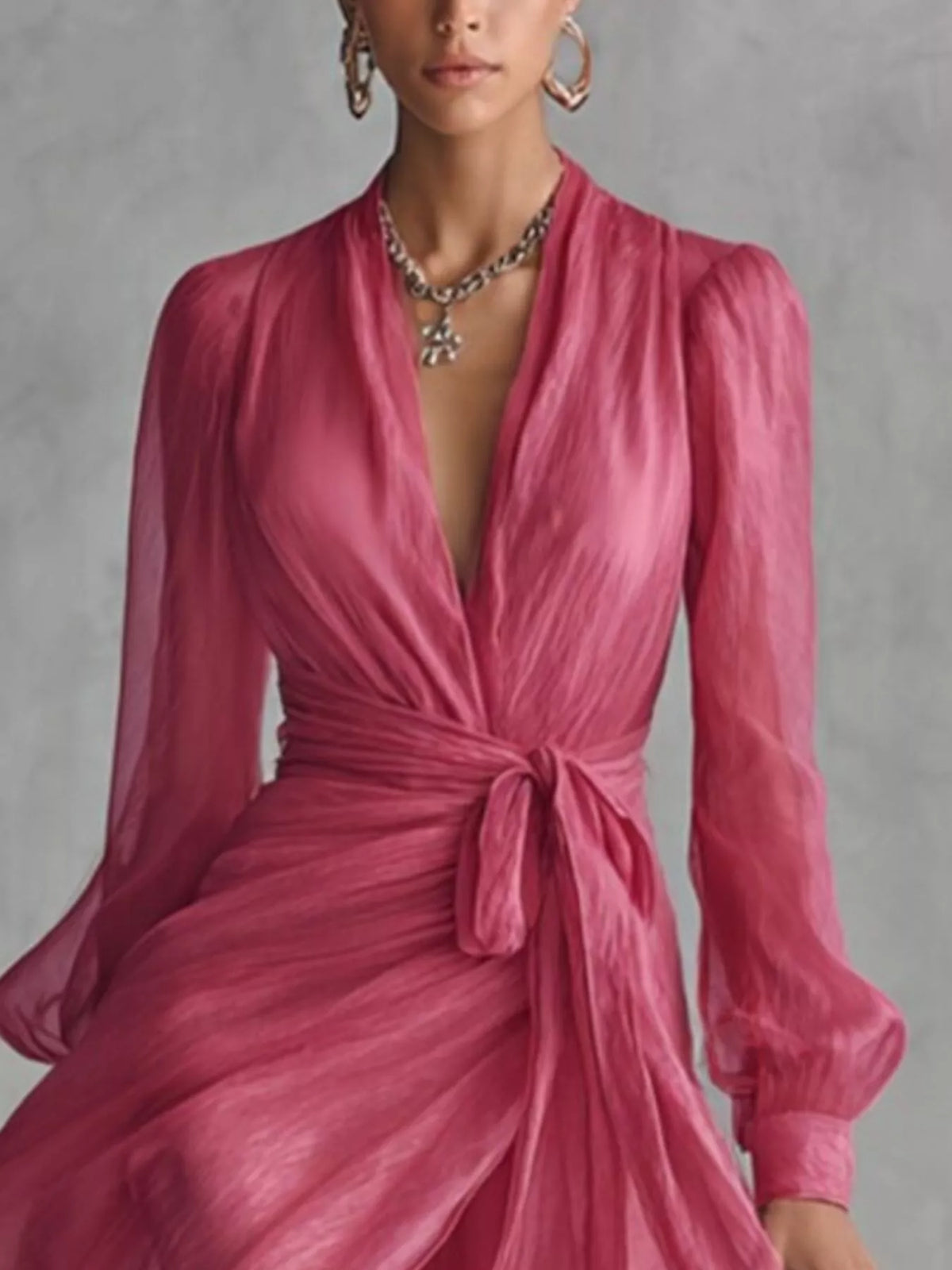Long Sleeve Chiffon Wrap Maxi Dress with High Slit - Lilixa.store