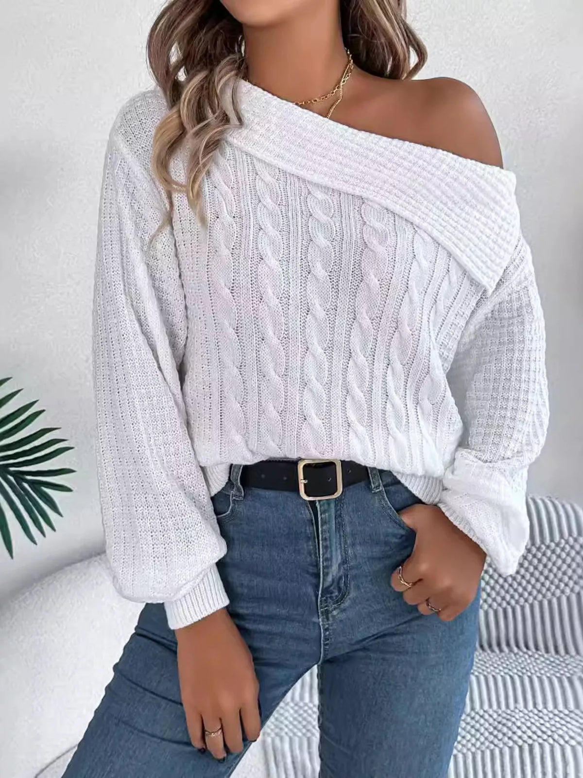 One Shoulder Cable Knit Sweater - Lilixa.store