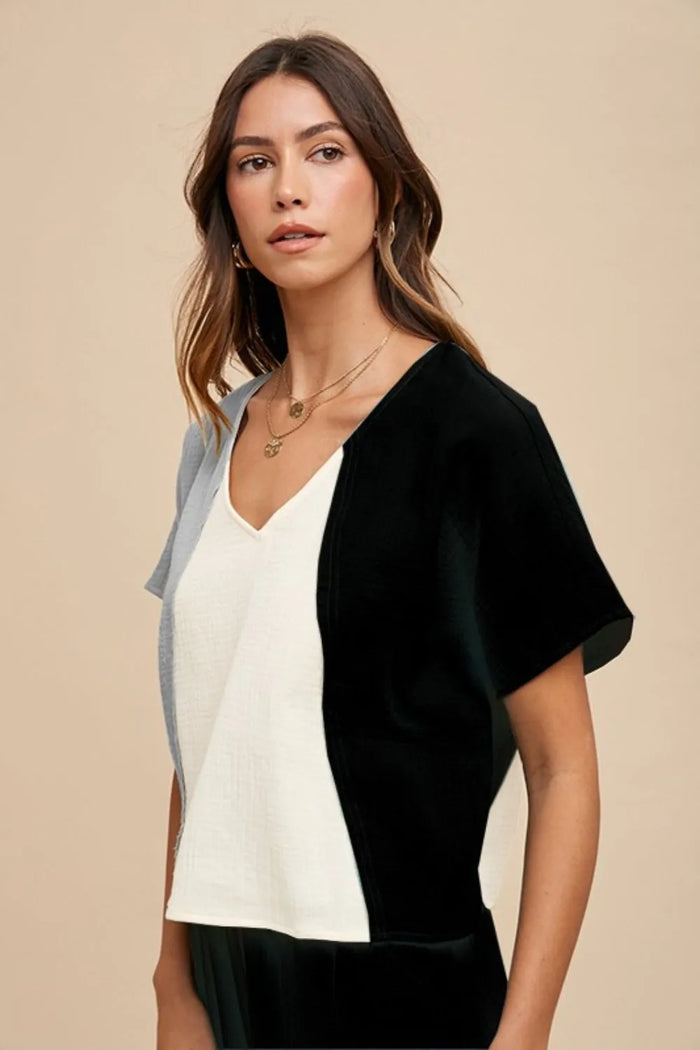 Annie Wear Color Block Cotton Gauze V-Neck Top - Lilixa.store