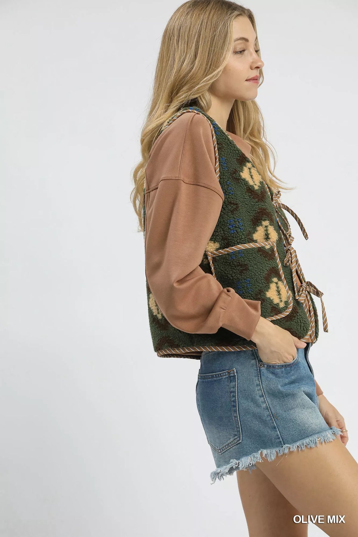 Umgee Mix Patterned Sherpa Tie-Front Vest - Lilixa.store