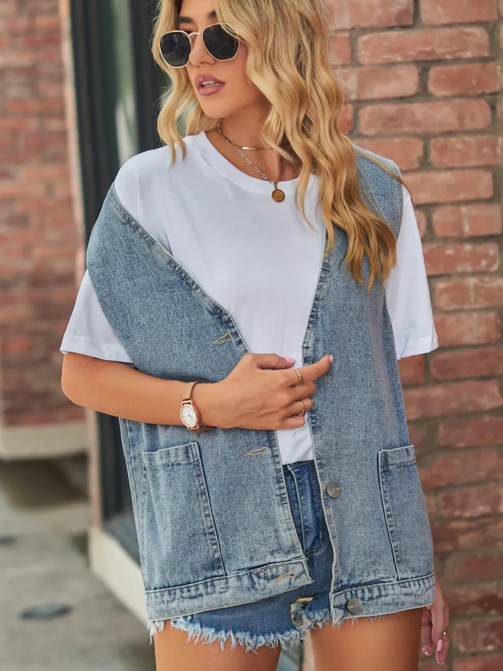 Full Size V-Neck Button Up Denim Vest - Lilixa.store