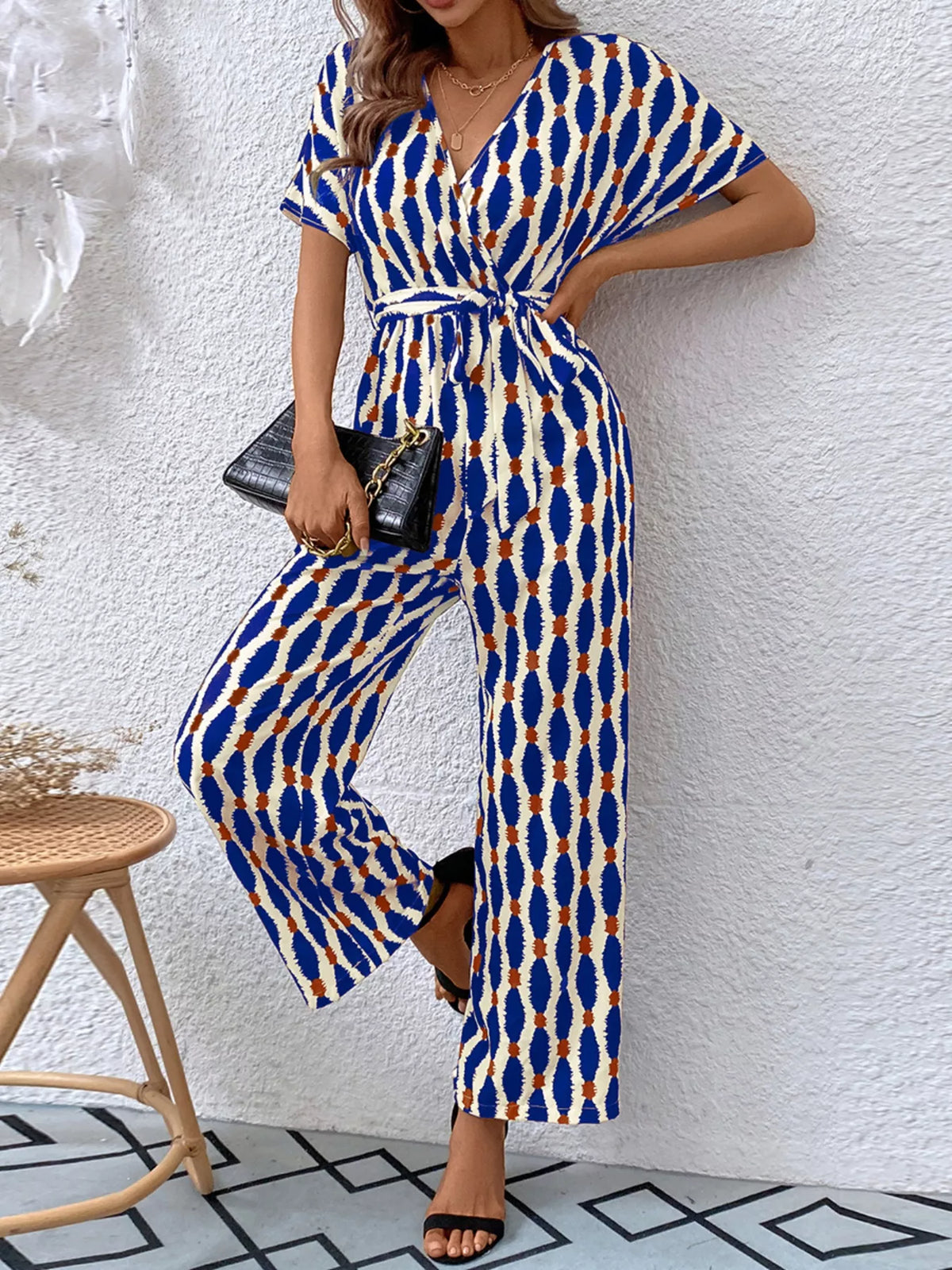 Printed Surplice Tie Waist Short Sleeve Jumpsuit - Lilixa.store