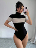 Color Block Turtleneck Ribbed Bodysuit - Lilixa.store