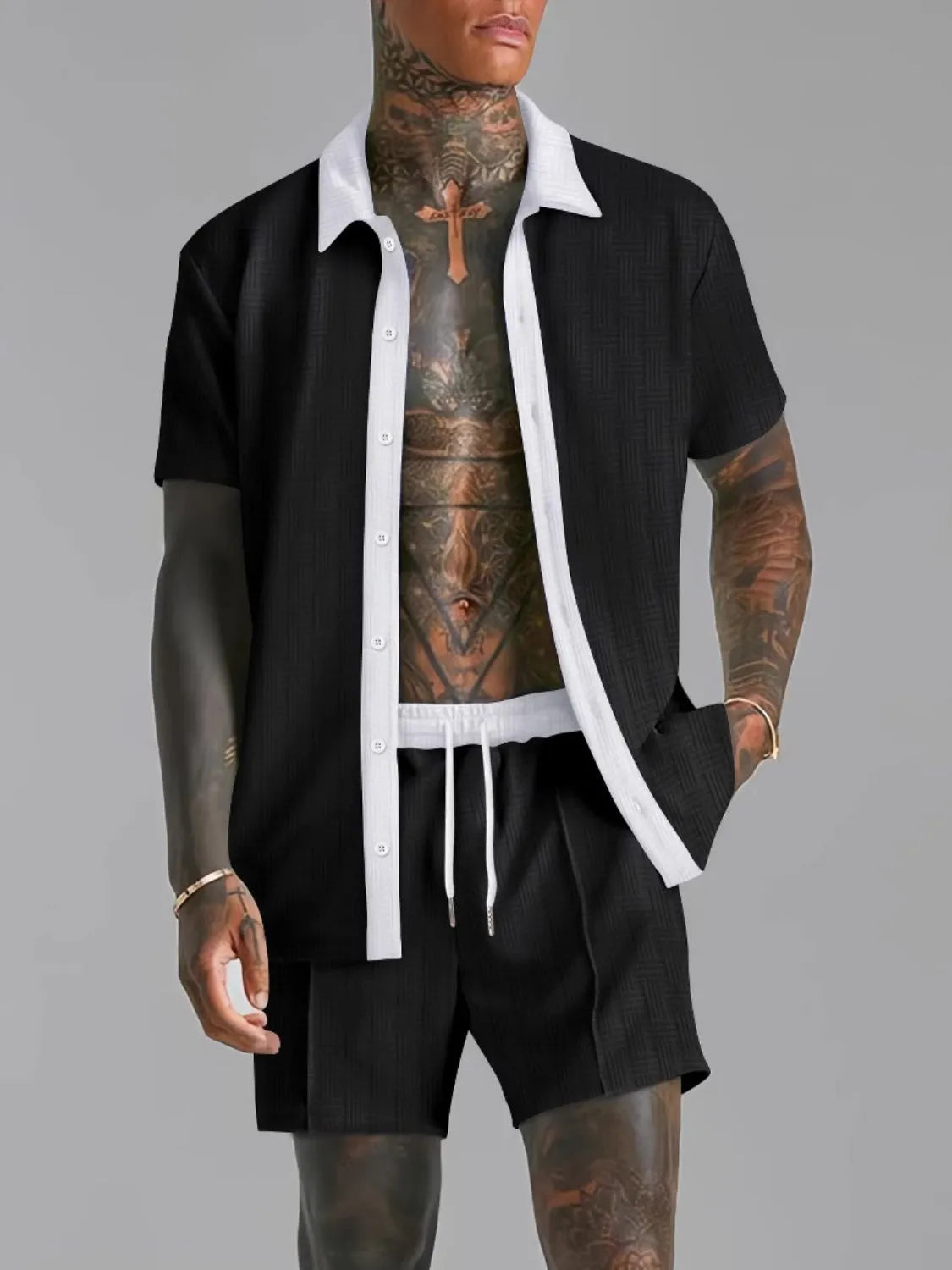 Men's Full Size Collared Neck Short Sleeve Top and Shorts Set Plus Size in Black