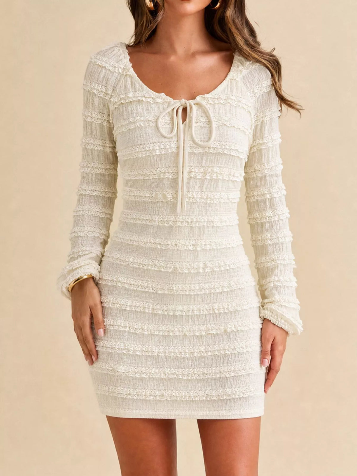 Textured Long-Sleeve Bodycon Mini Dress with Tie-Front in Apricot, view 3