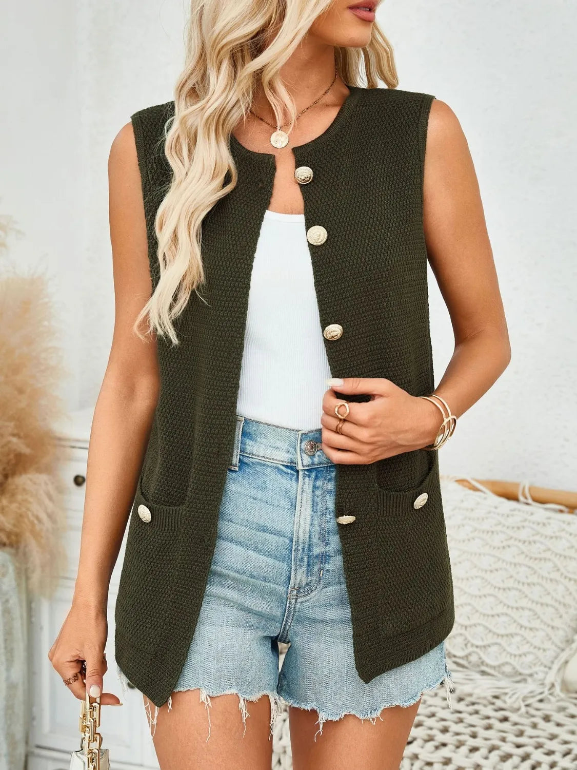 Button Down Round Neck Knit Vest, view 3