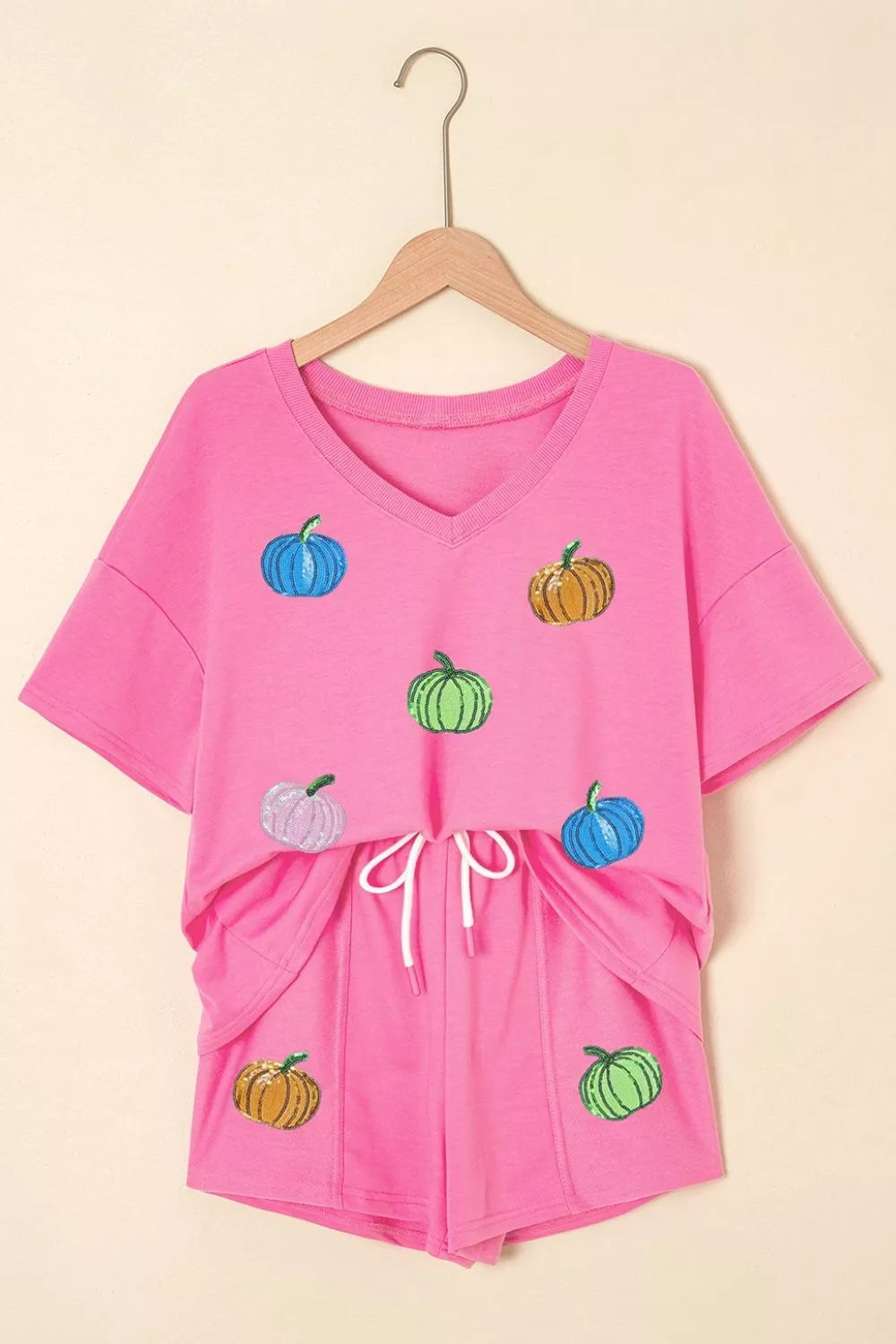 Sequin Halloween Pumpkin Pattern V Neck Tee and Drawstring Bottoms Casual Set - Lilixa.store