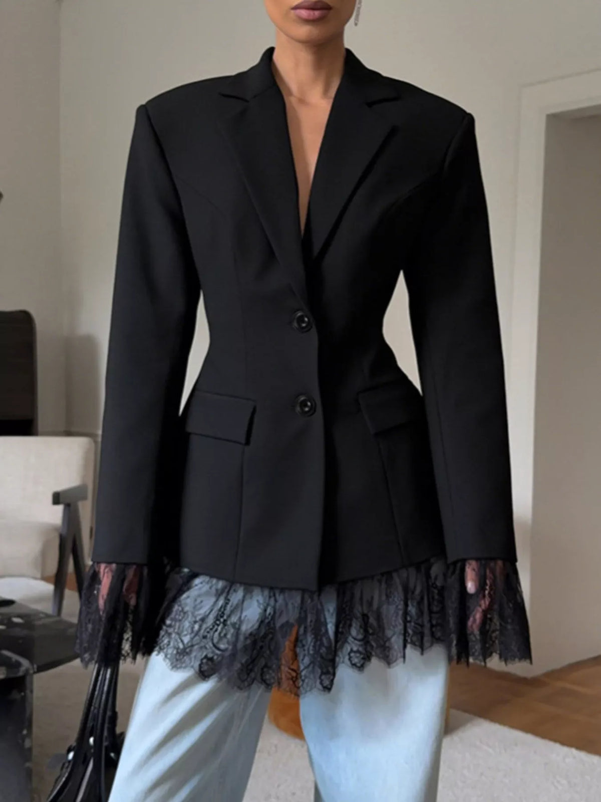 Lace Hem Button Down Blazer - Lilixa.store