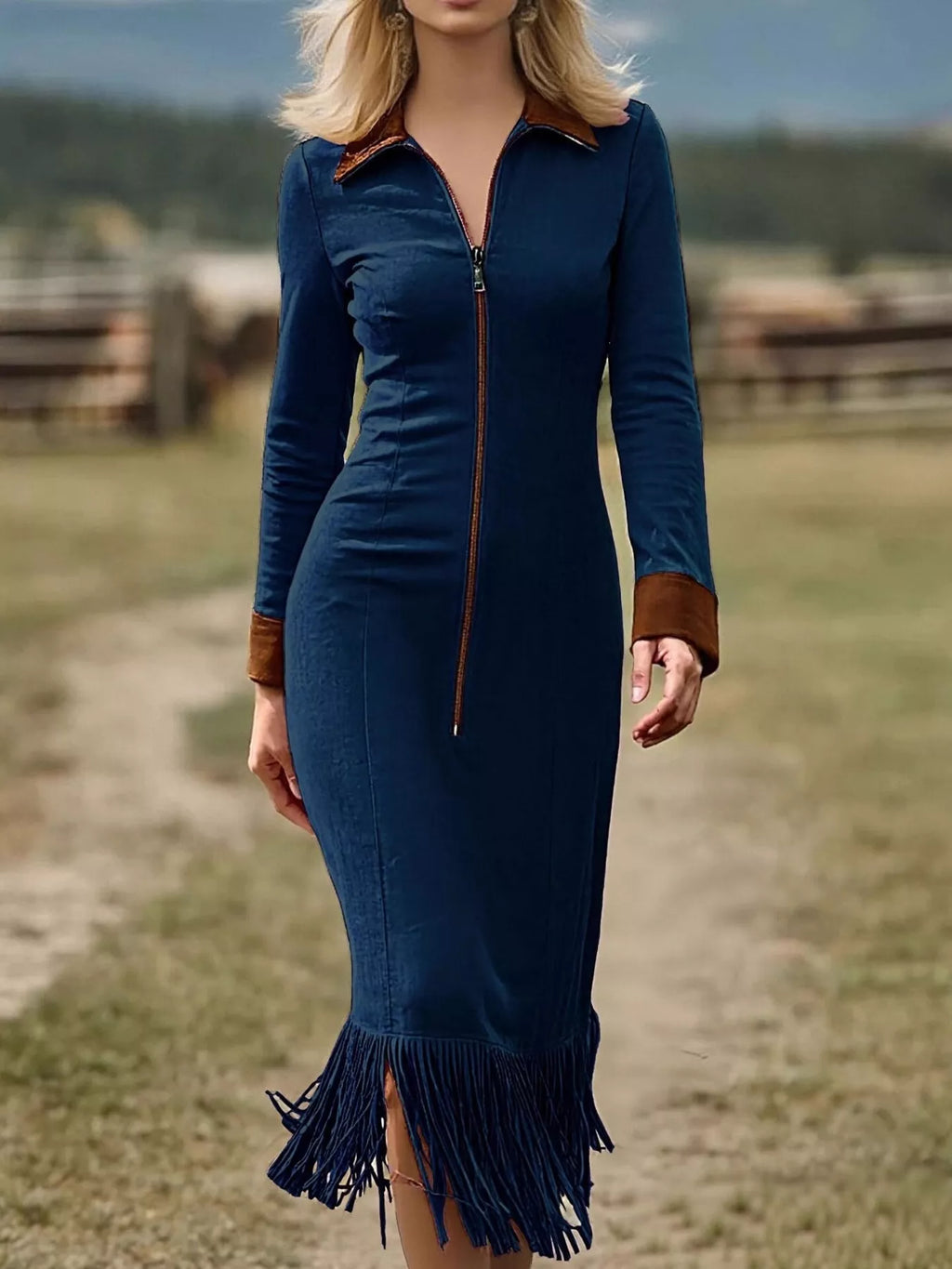 Full Size Fringe Hem Zip Front Midi Dress Plus Size - Lilixa.store