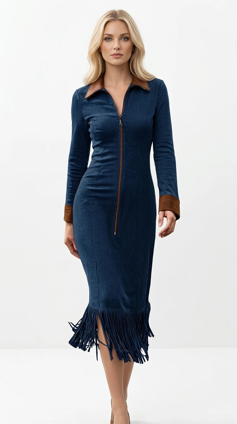 Full Size Fringe Hem Zip Front Midi Dress Plus Size in Navy Blue