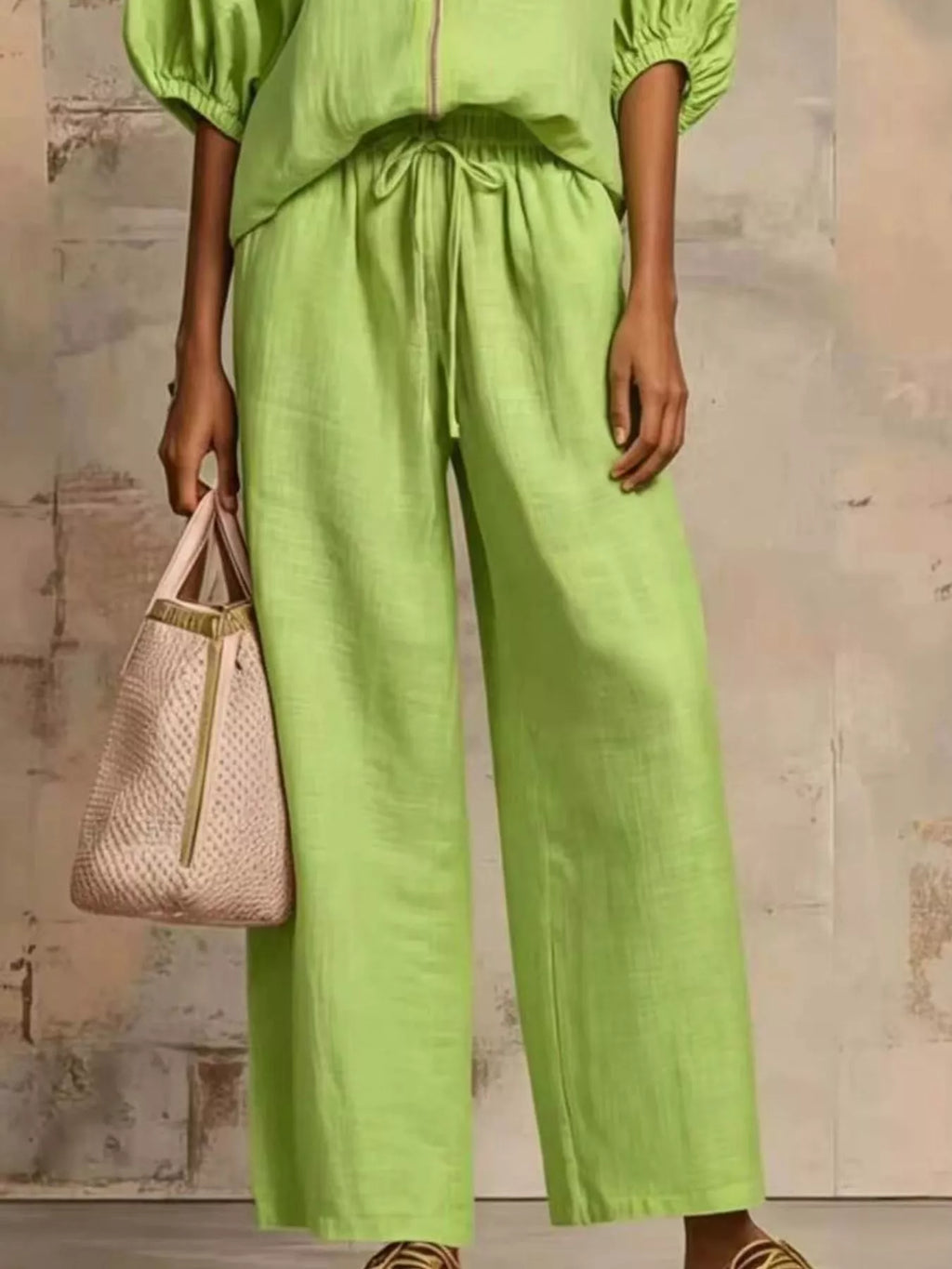 Full Size Zip-Front Top and Wide-Leg Pants Set Plus Size - Lilixa.store