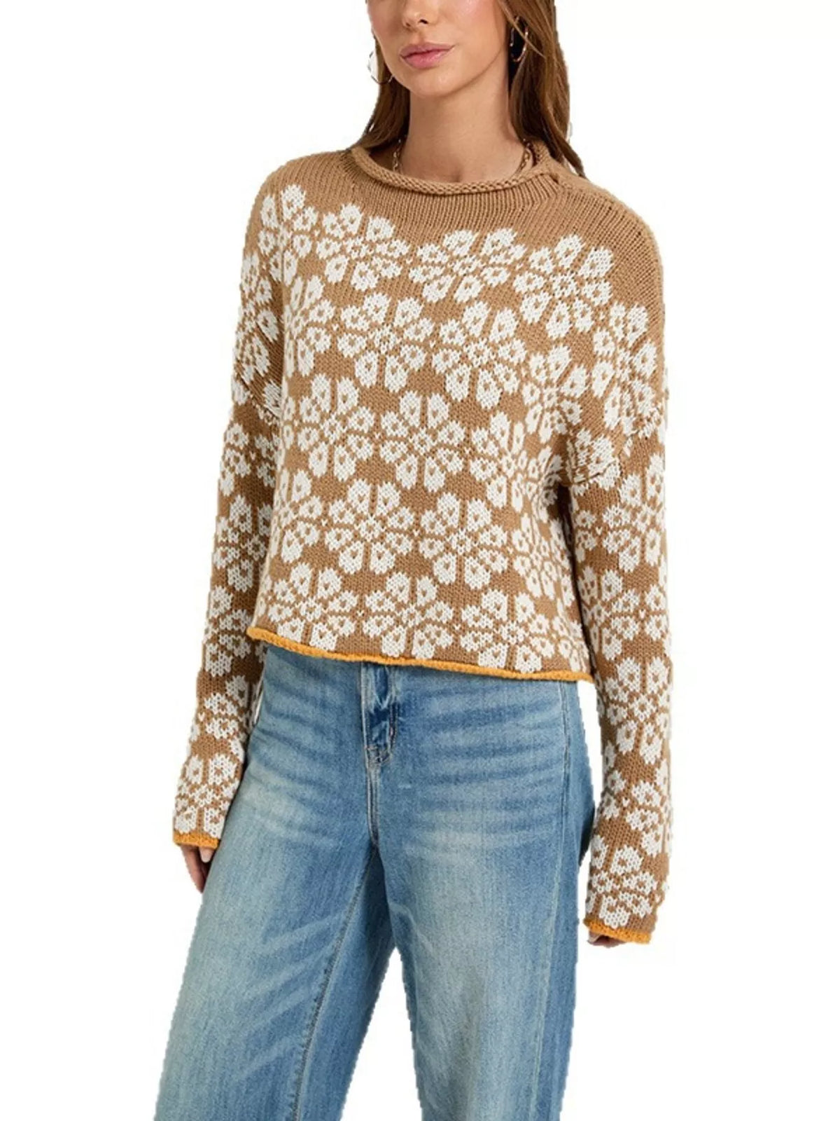 Floral Contrast Trim Dropped Shoulder Sweater - Lilixa.store