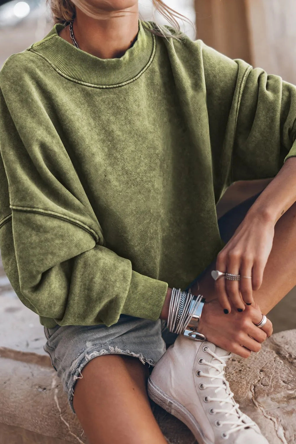 Mock Neck Dropped Shoulder Sweatshirt - Lilixa.store