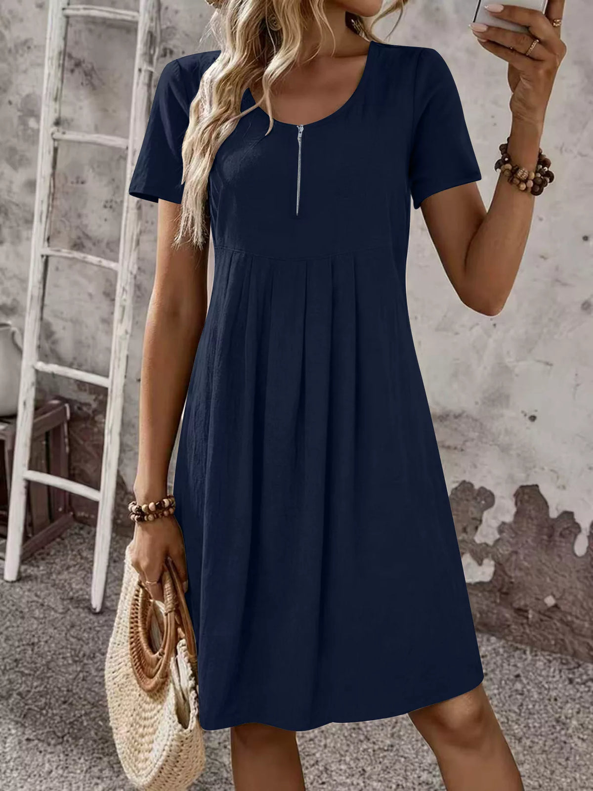 Zipper-Front Short Sleeve A-Line Dress - Lilixa.store