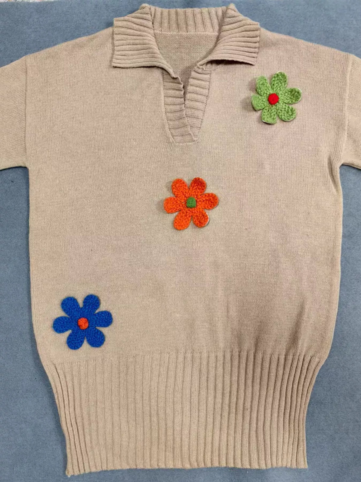 Plus Size Floral Applique Ribbed Hem Sweater Dress - Lilixa.store